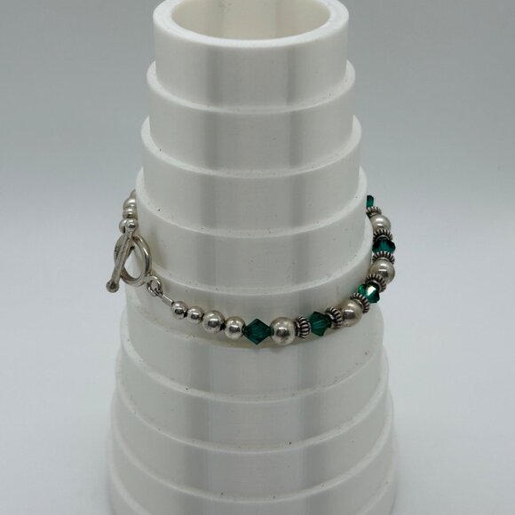 Artisan Sterling Silver Bracelet Green Crystal Bead Toggle Clasp 6.5" 10 grams - Picture 11 of 15